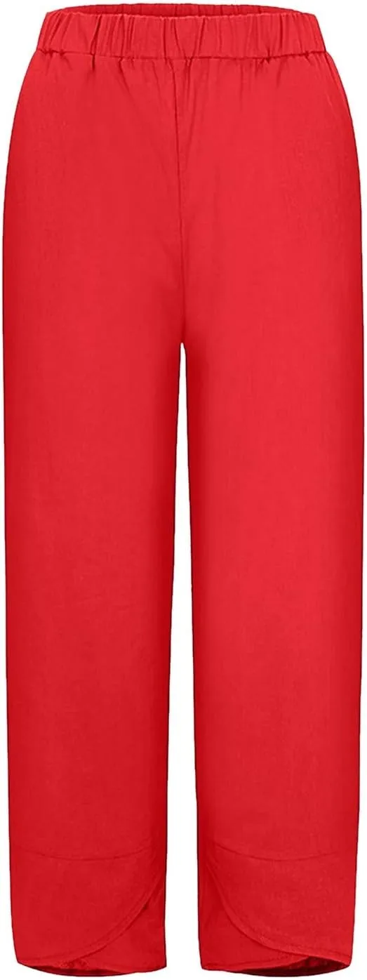 2024 Women's Capri Pants Summer Cotton Linen Yoga Pants Trendy Casual Wide Leg Beach Pant Elastic Waist Palazzo Trousers