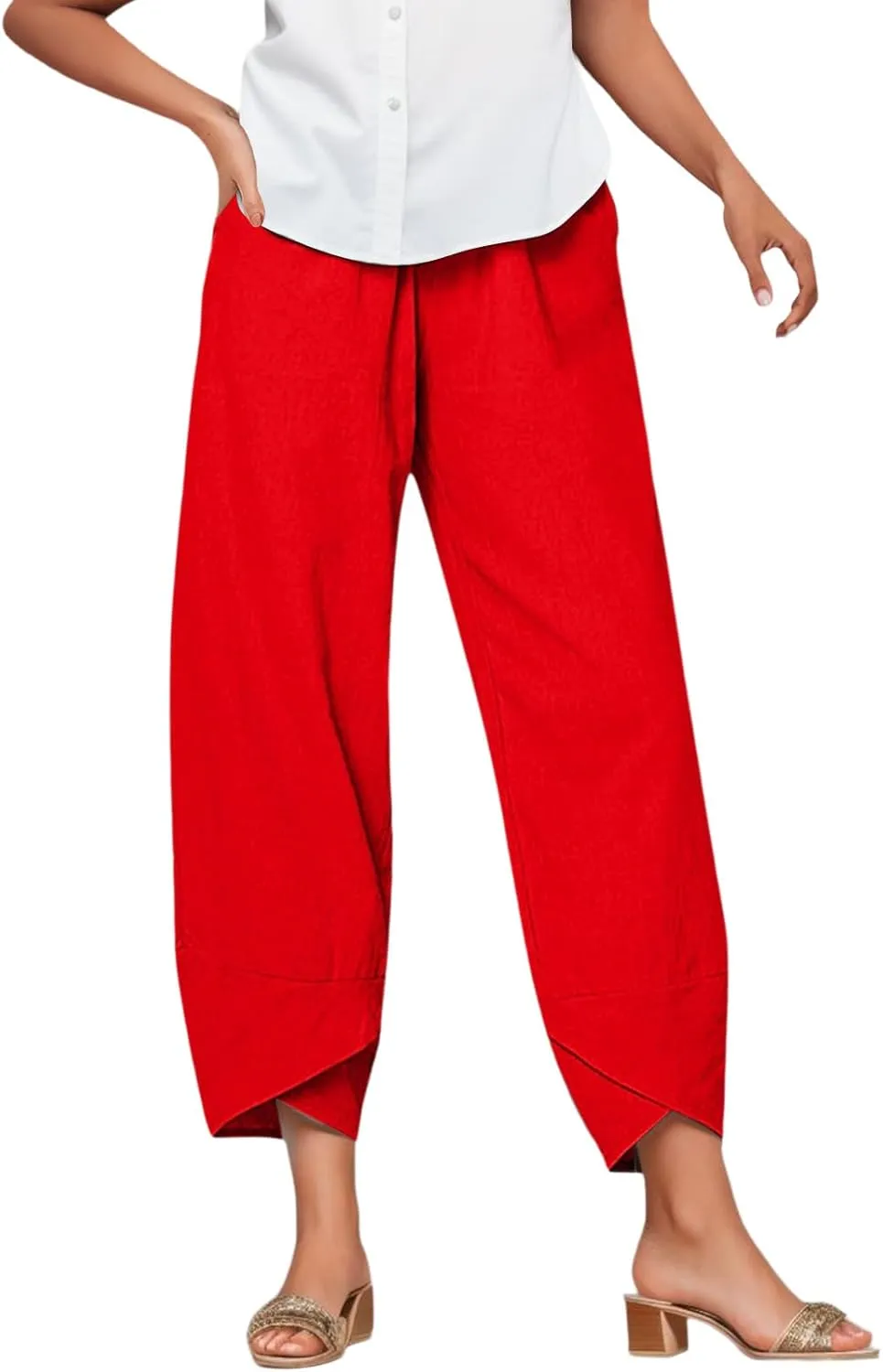 2024 Women's Capri Pants Summer Cotton Linen Yoga Pants Trendy Casual Wide Leg Beach Pant Elastic Waist Palazzo Trousers