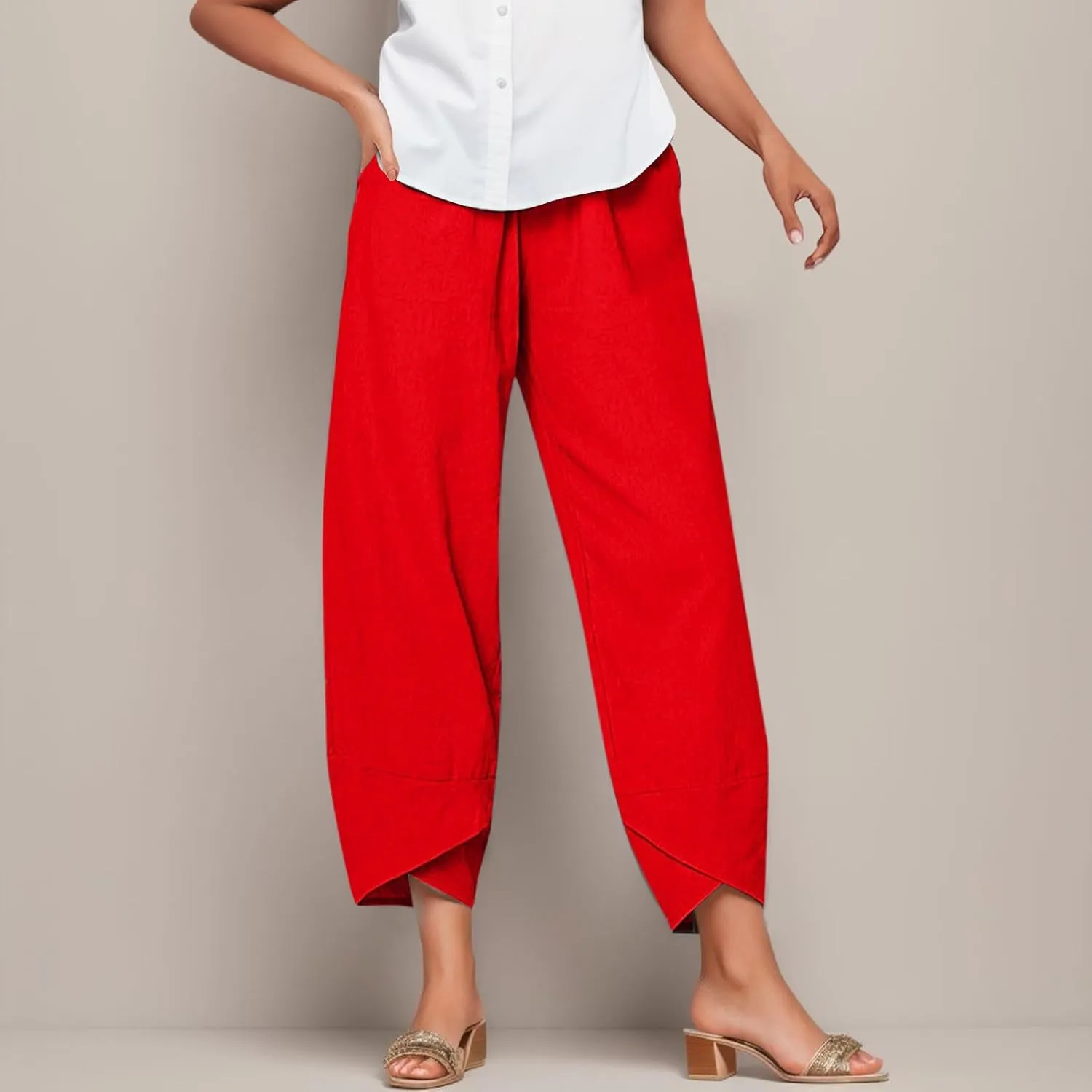 2024 Women's Capri Pants Summer Cotton Linen Yoga Pants Trendy Casual Wide Leg Beach Pant Elastic Waist Palazzo Trousers