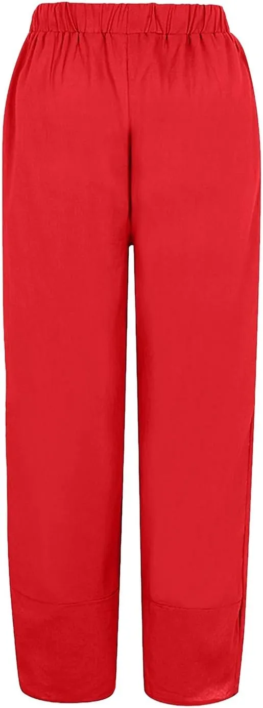 2024 Women's Capri Pants Summer Cotton Linen Yoga Pants Trendy Casual Wide Leg Beach Pant Elastic Waist Palazzo Trousers