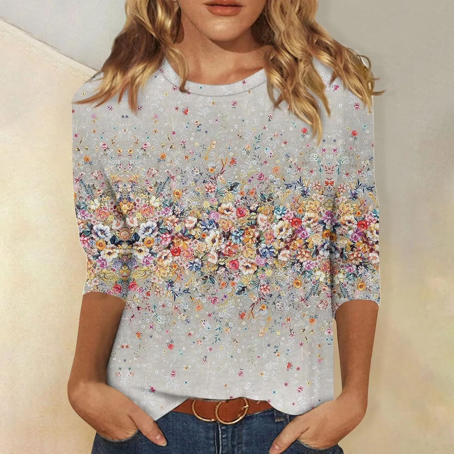 3/4 Length Sleeve Womens Tops Casual Loose Fit Crewneck T Shirts Cute Solid Three Quarter Length Tunic Tops