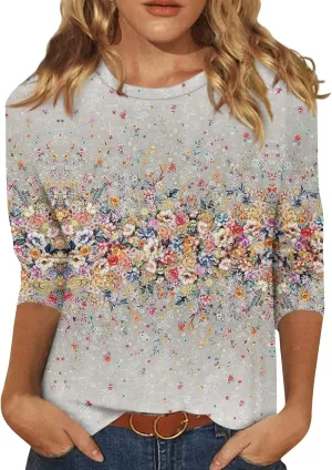 3/4 Length Sleeve Womens Tops Casual Loose Fit Crewneck T Shirts Cute Solid Three Quarter Length Tunic Tops