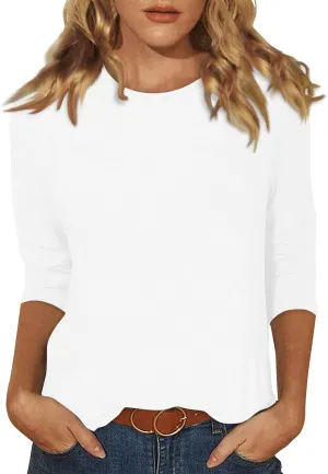 3/4 Length Sleeve Womens Tops Casual Loose Fit Crewneck T Shirts Cute Solid Three Quarter Length Tunic Tops