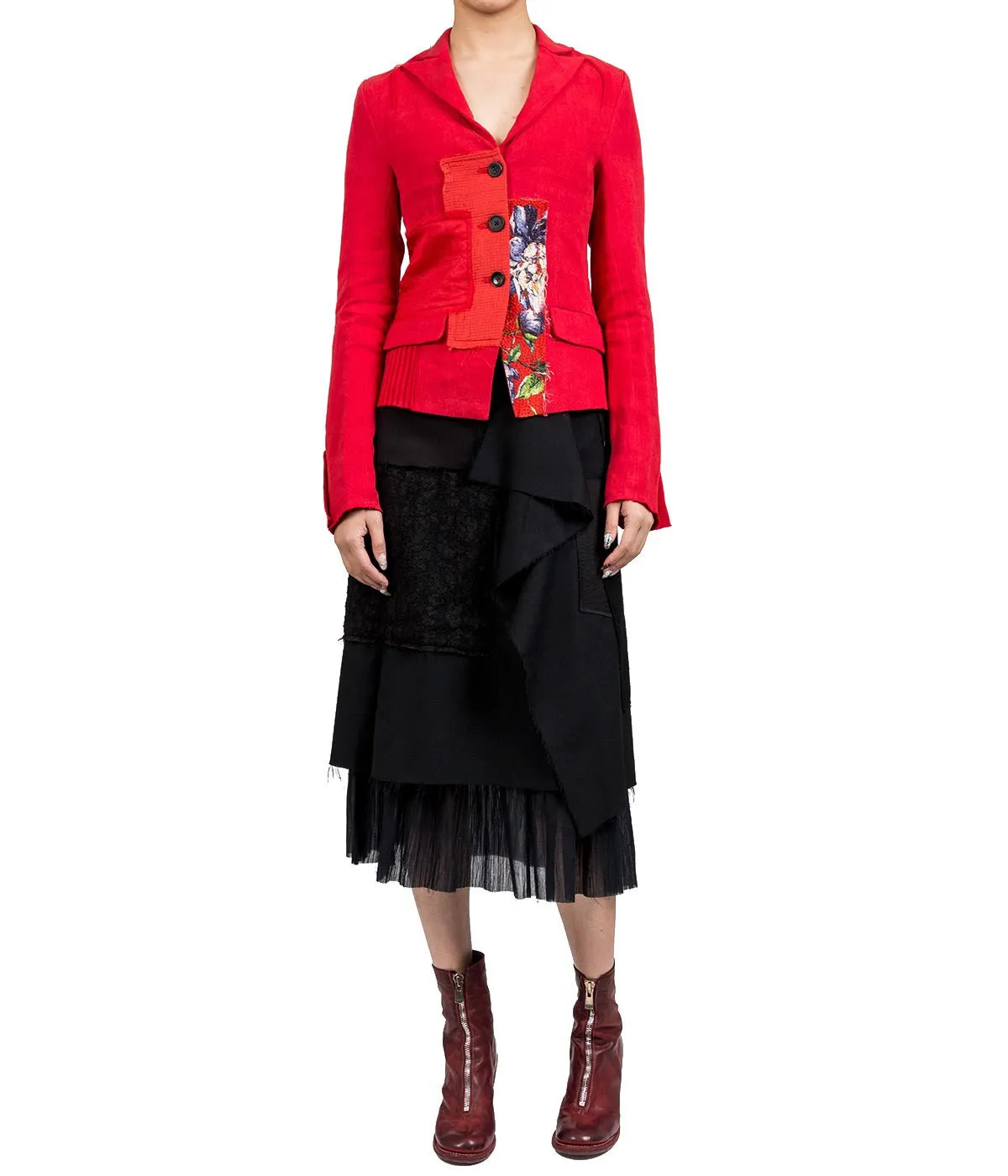 Asymmetric Patch Blazer with Floral Print