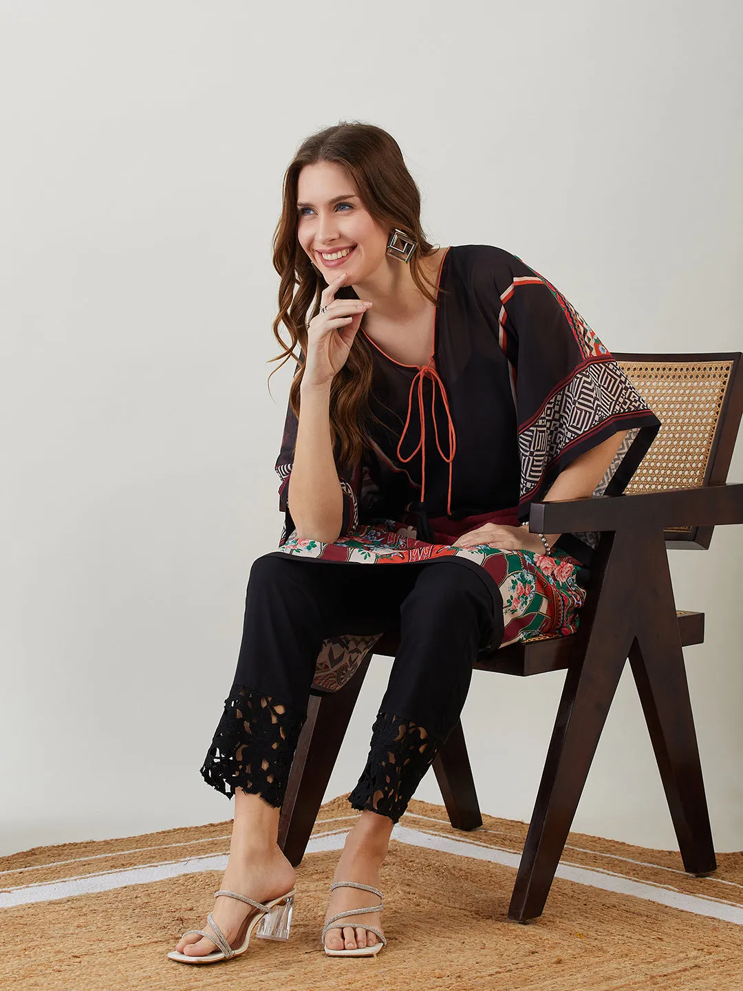 Black Majestic Printed Georgette Kaftan