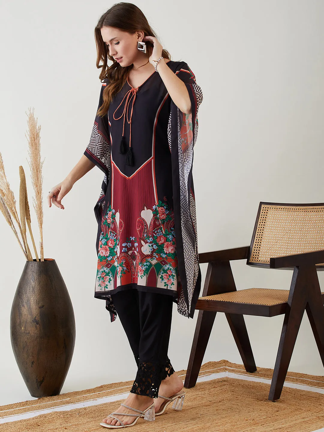 Black Majestic Printed Georgette Kaftan
