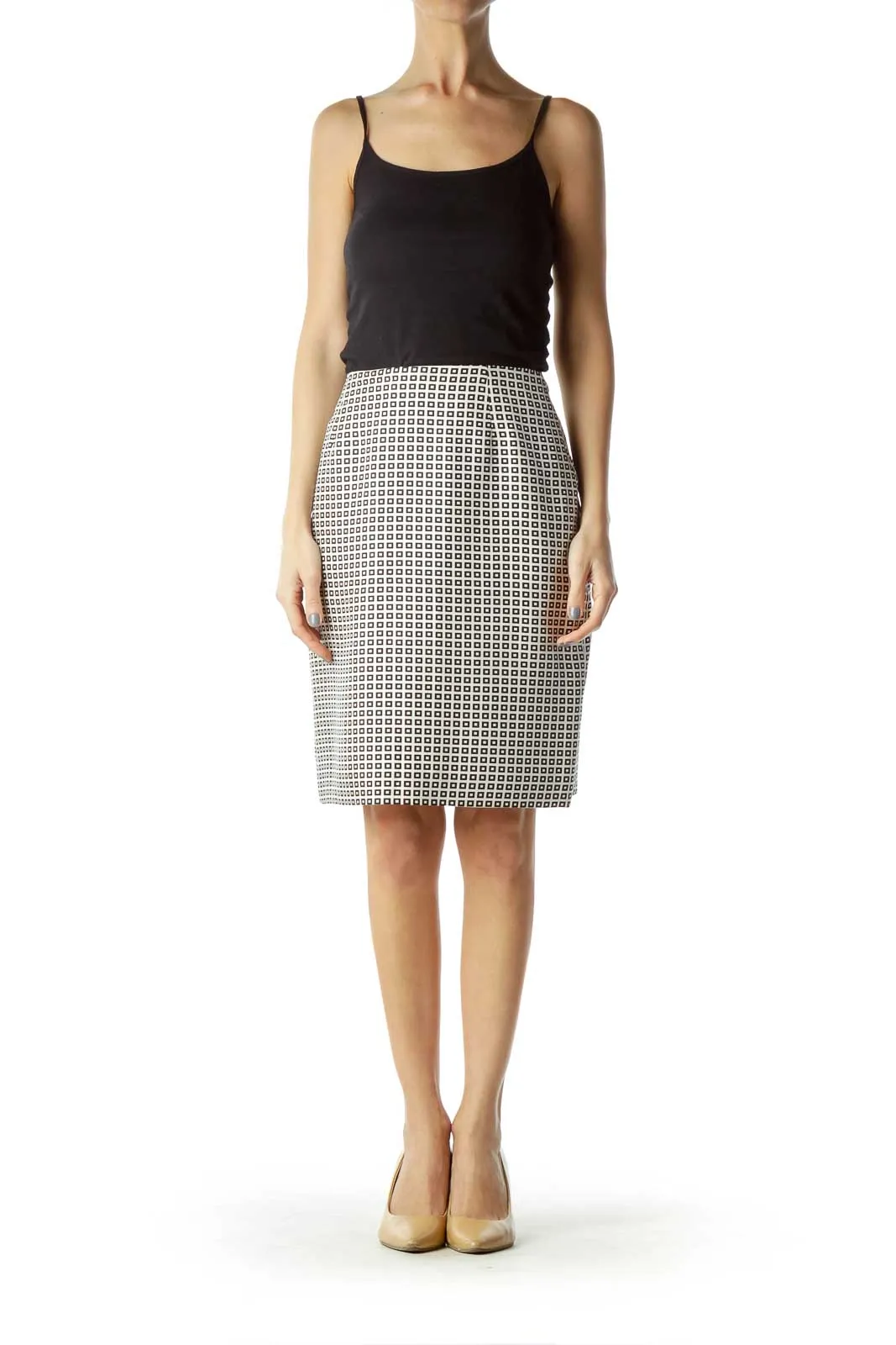 Black White Geometric Print Silk Skirt