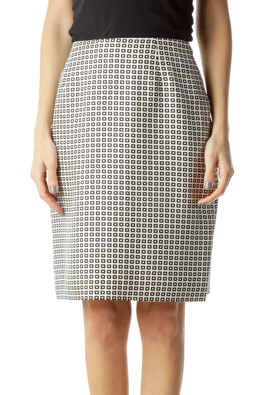 Black White Geometric Print Silk Skirt