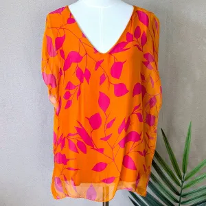 Boxy silk top with contrast digital leaf print (M)