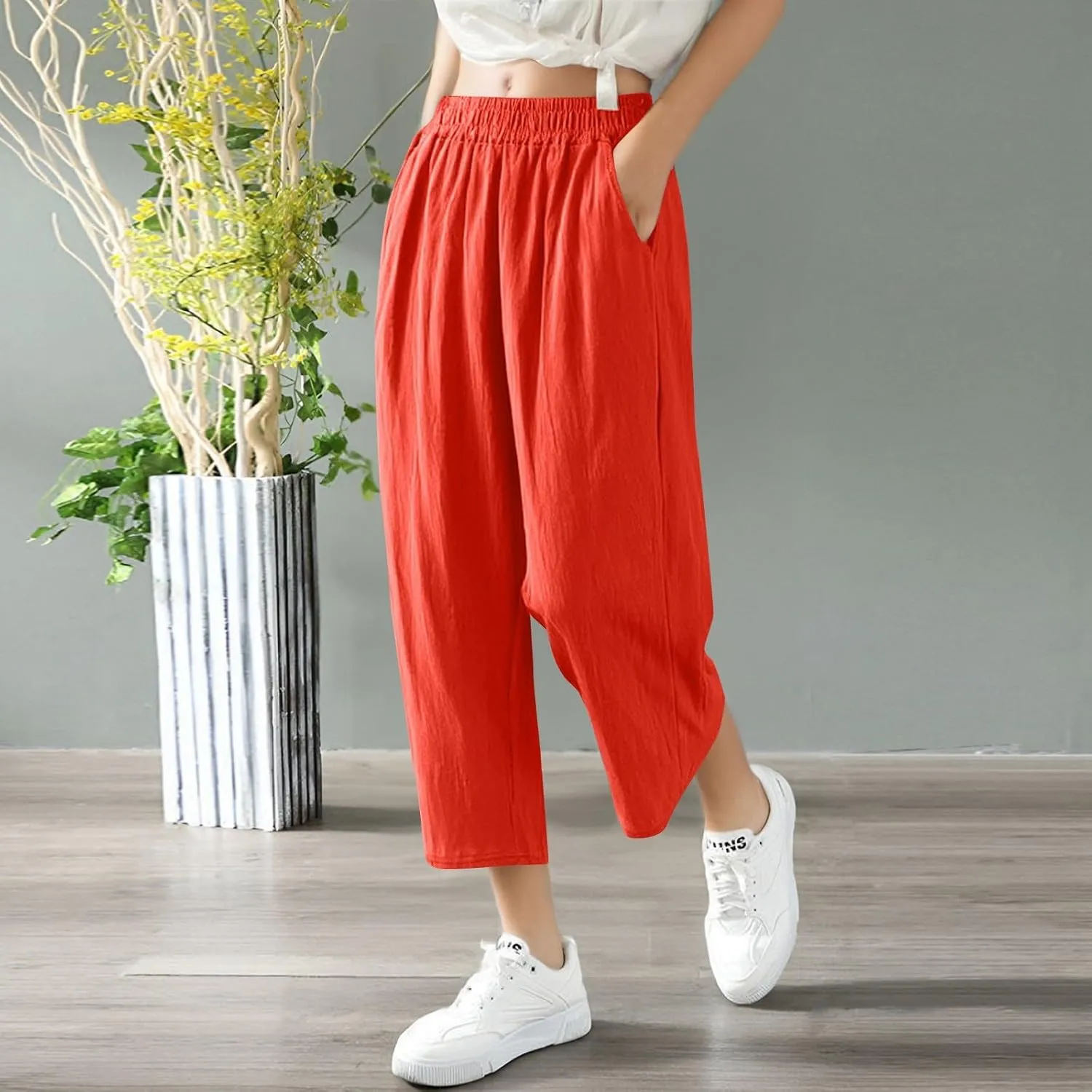 Capris Pants for Women Casual Summer Wide Leg Cotton Linen Pants Elastic Waist Beach Cropped Trousers with Pockets
