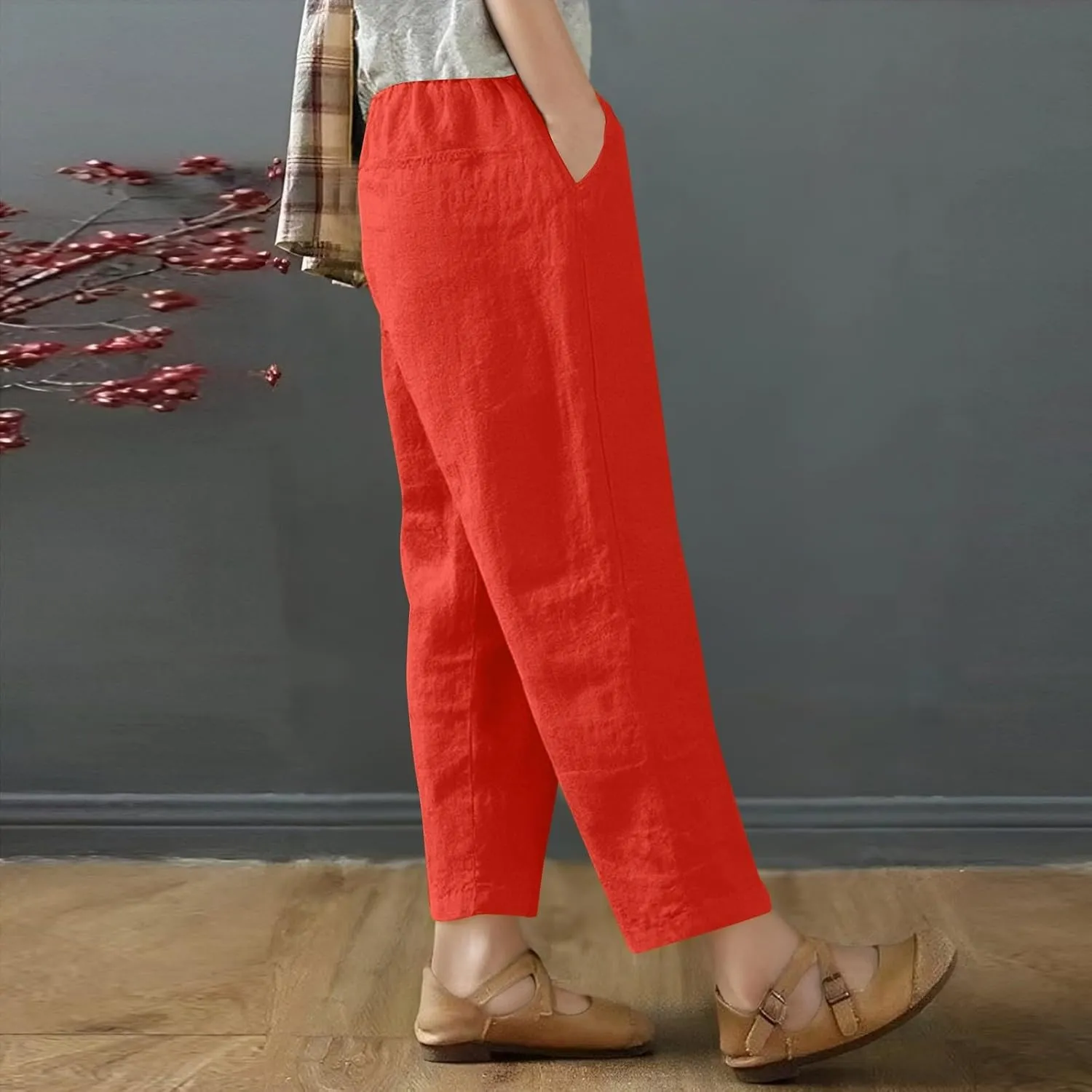 Capris Pants for Women Casual Summer Wide Leg Cotton Linen Pants Elastic Waist Beach Cropped Trousers with Pockets