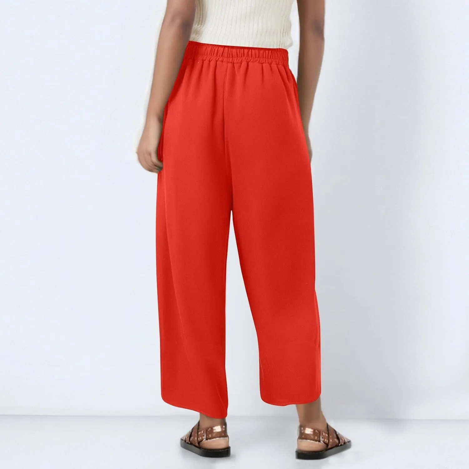 Capris Pants for Women Casual Summer Wide Leg Cotton Linen Pants Elastic Waist Beach Cropped Trousers with Pockets