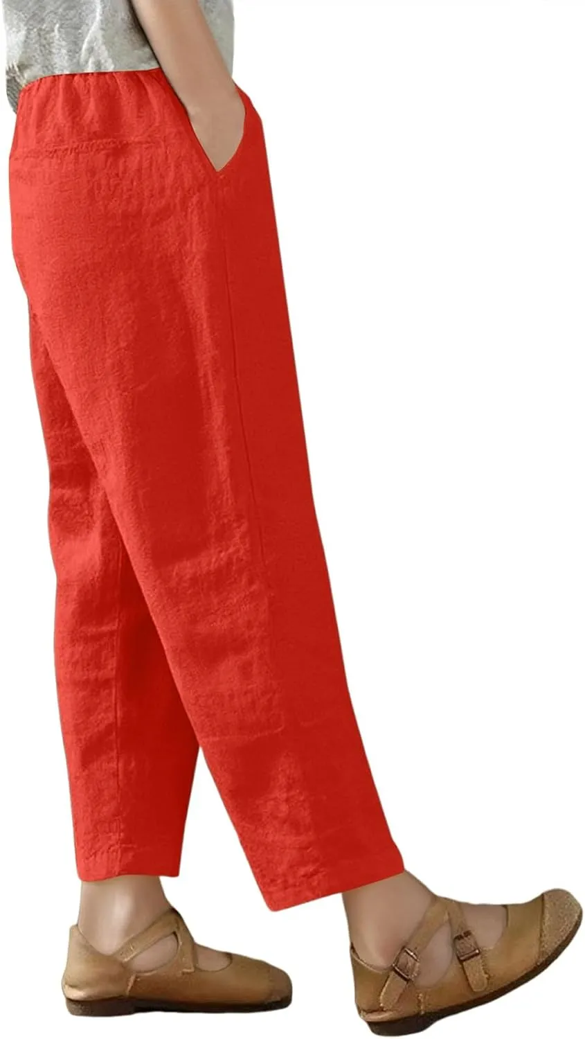 Capris Pants for Women Casual Summer Wide Leg Cotton Linen Pants Elastic Waist Beach Cropped Trousers with Pockets