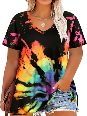 CARCOS Womens Plus Size Tops Basic Summer Shirts Short Sleeve V Neck Tunics Casual T-Shirt Loose Fits XL-5XL