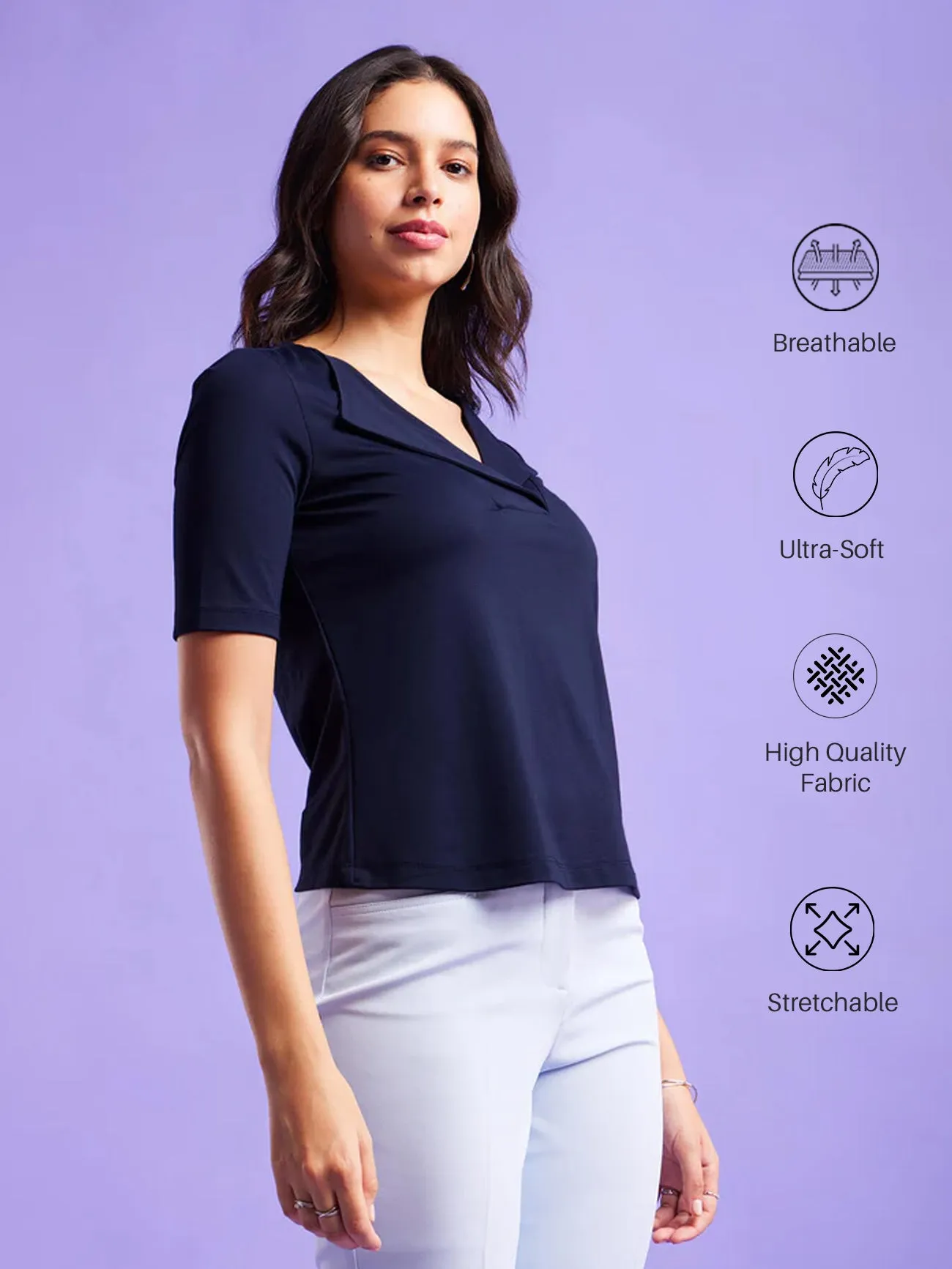 Detailed Collar Solid Top - Navy Blue