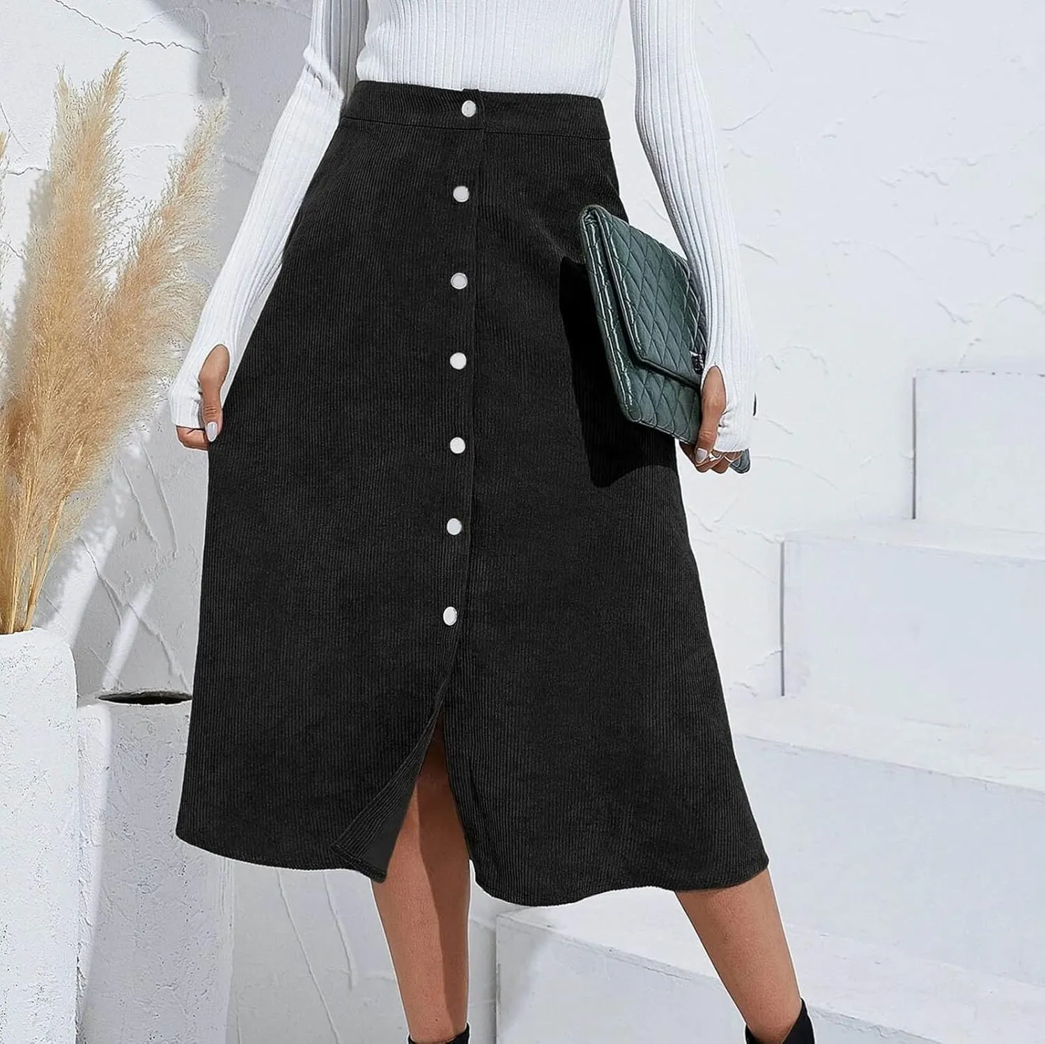 FZYLQY Midi Skirts for Women Trendy Corduroy Skirt Button Down High Waisted Skirts 2025 Business Casual A Line Skirts
