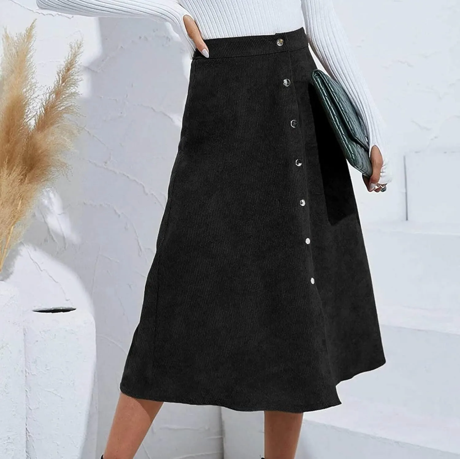 FZYLQY Midi Skirts for Women Trendy Corduroy Skirt Button Down High Waisted Skirts 2025 Business Casual A Line Skirts
