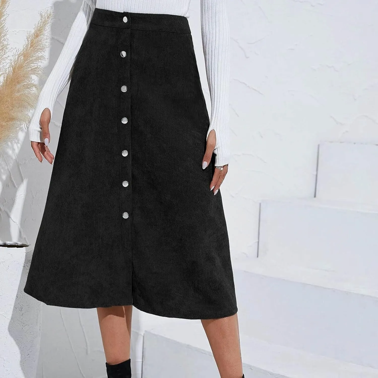 FZYLQY Midi Skirts for Women Trendy Corduroy Skirt Button Down High Waisted Skirts 2025 Business Casual A Line Skirts
