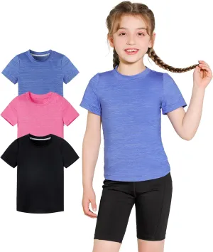 Girls Athletic Shirts Short Sleeve Quick Dry Fit Crew Neck Activewear Summer Tees Tops for Kids Teens 3 Pack
