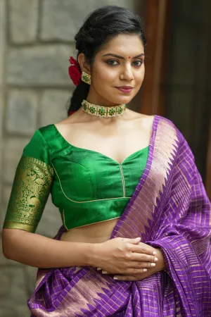 Green Pure Raw Silk Blouse with Leaf Neck, Choli Cut with Shikaargah zari border sleeves, Made to Order