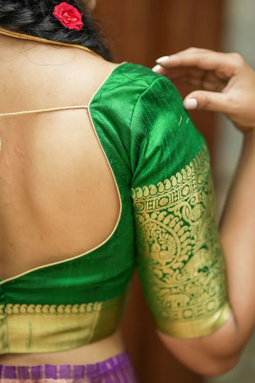 Green Pure Raw Silk Blouse with Leaf Neck, Choli Cut with Shikaargah zari border sleeves, Made to Order