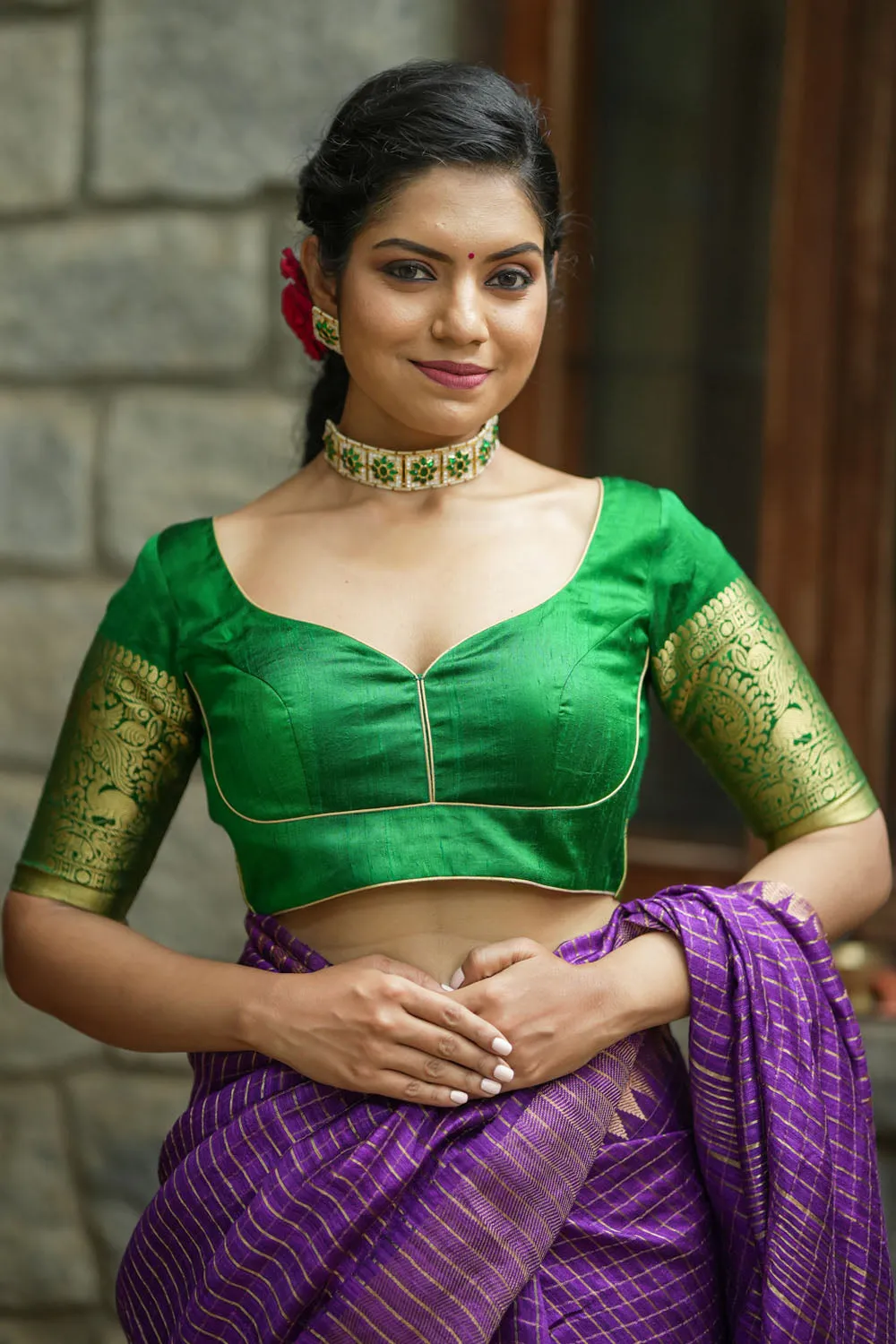 Green Pure Raw Silk Blouse with Leaf Neck, Choli Cut with Shikaargah zari border sleeves, Made to Order