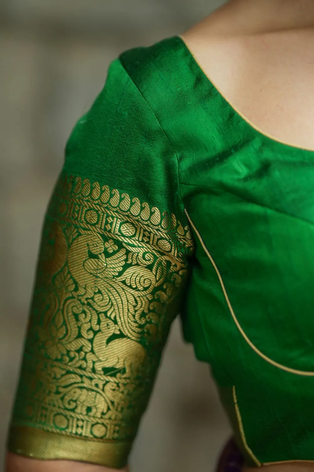 Green Pure Raw Silk Blouse with Leaf Neck, Choli Cut with Shikaargah zari border sleeves, Made to Order