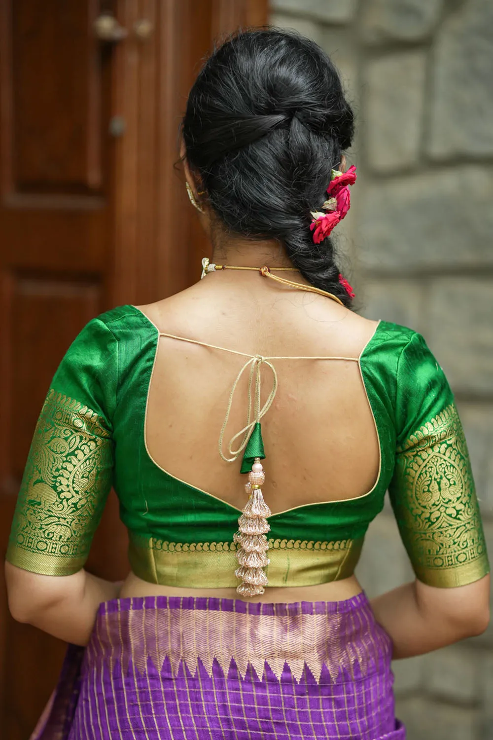 Green Pure Raw Silk Blouse with Leaf Neck, Choli Cut with Shikaargah zari border sleeves, Made to Order