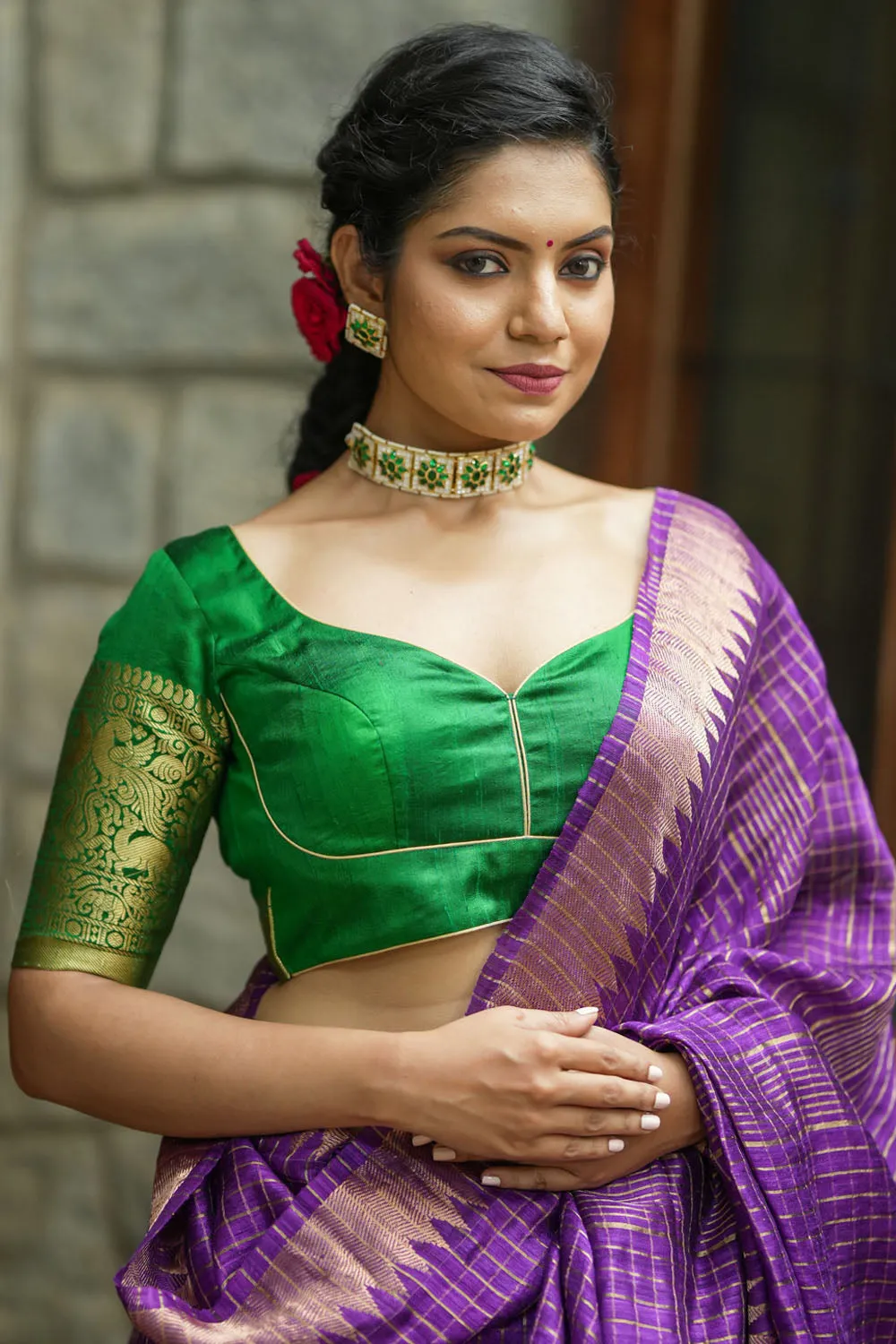 Green Pure Raw Silk Blouse with Leaf Neck, Choli Cut with Shikaargah zari border sleeves, Made to Order