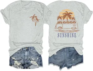 Hawaiian Shirts for Women Beach Hawaii Tropical Shirt Palm Tree Sunshine Graphic Tees Vacation Summer Vibes Tops