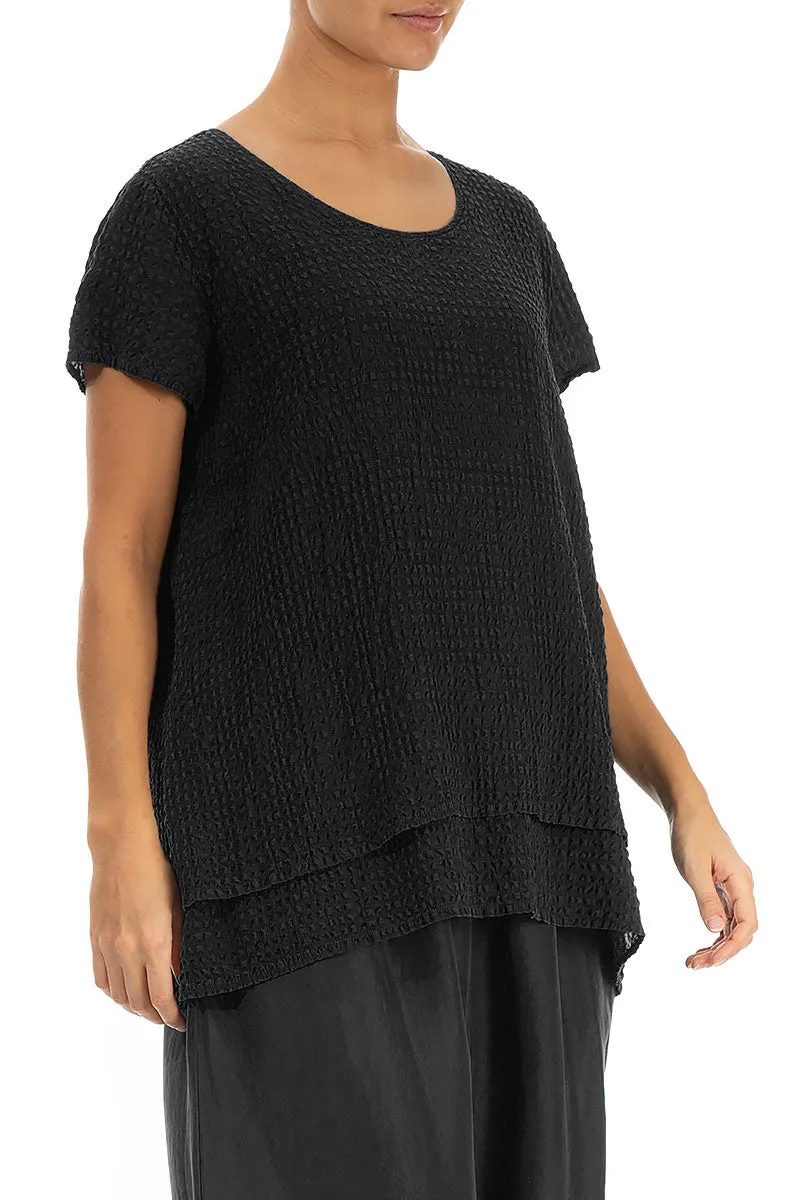 Layered Black Textured Silk Blouse