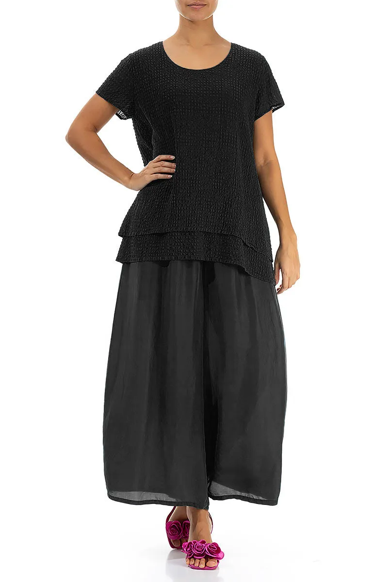 Layered Black Textured Silk Blouse