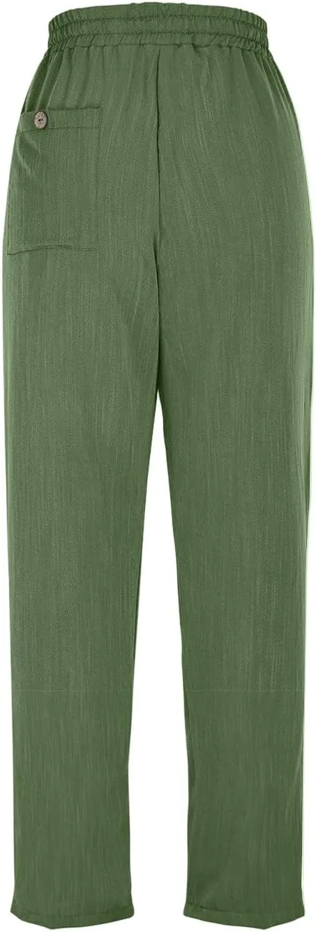 Linen Capri Pants for Women Casual Summer Elastic Waist Wide Leg Cropped Pants Comfy Cotton Linen Capris with Pockets