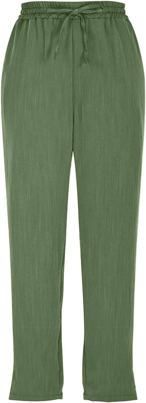 Linen Capri Pants for Women Casual Summer Elastic Waist Wide Leg Cropped Pants Comfy Cotton Linen Capris with Pockets