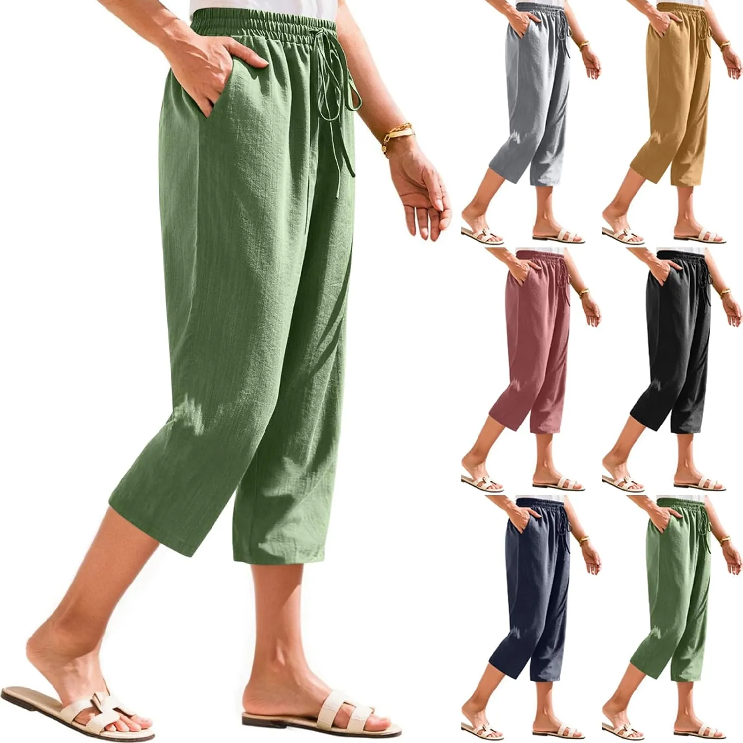 Linen Capri Pants for Women Casual Summer Elastic Waist Wide Leg Cropped Pants Comfy Cotton Linen Capris with Pockets