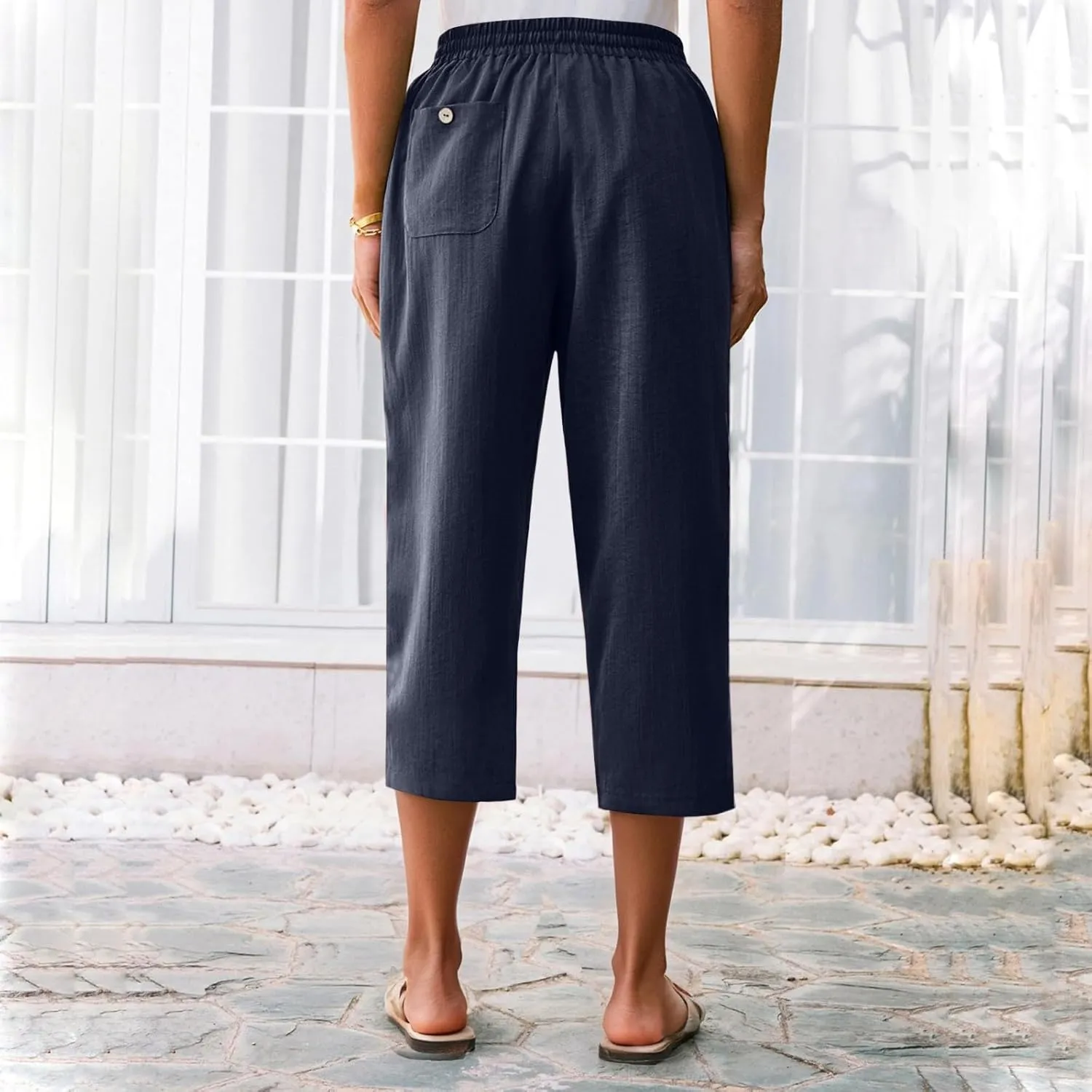 Linen Capri Pants for Women Casual Summer Elastic Waist Wide Leg Cropped Pants Comfy Cotton Linen Capris with Pockets