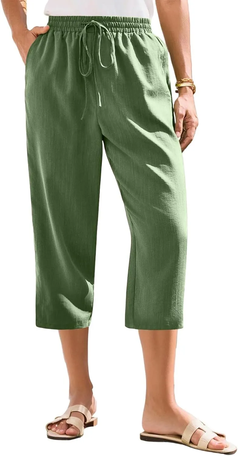 Linen Capri Pants for Women Casual Summer Elastic Waist Wide Leg Cropped Pants Comfy Cotton Linen Capris with Pockets