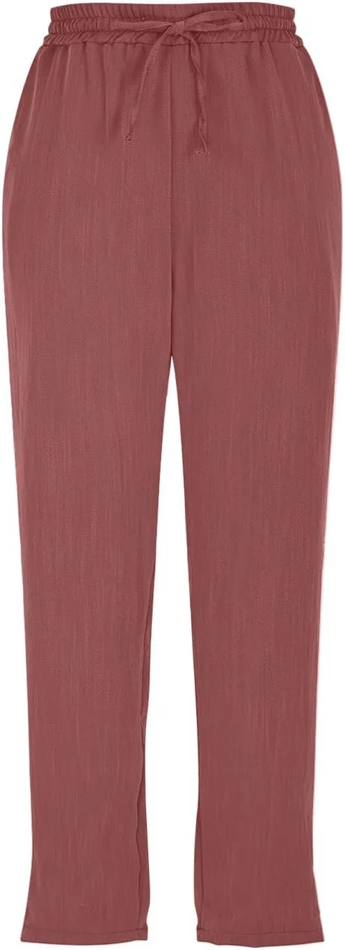 Linen Capri Pants for Women Casual Summer Elastic Waist Wide Leg Cropped Pants Comfy Cotton Linen Capris with Pockets
