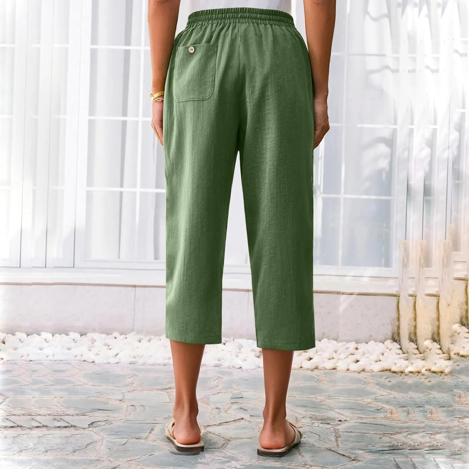 Linen Capri Pants for Women Casual Summer Elastic Waist Wide Leg Cropped Pants Comfy Cotton Linen Capris with Pockets