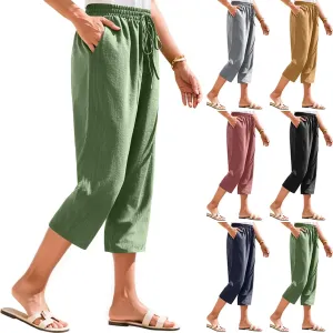 Linen Capri Pants for Women Casual Summer Elastic Waist Wide Leg Cropped Pants Comfy Cotton Linen Capris with Pockets