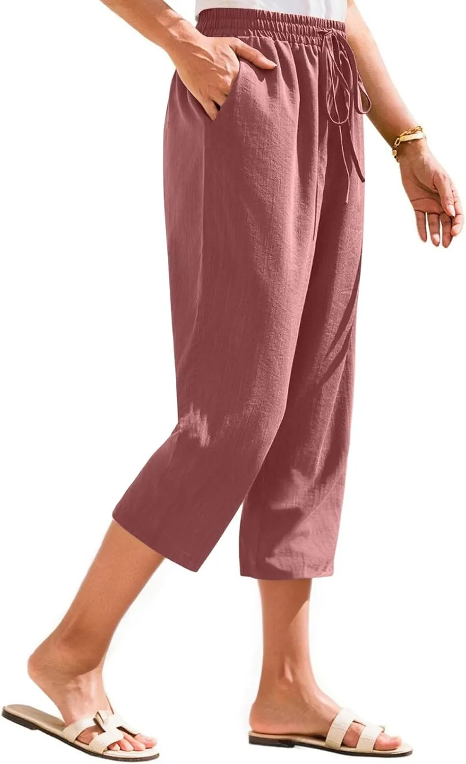 Linen Capri Pants for Women Casual Summer Elastic Waist Wide Leg Cropped Pants Comfy Cotton Linen Capris with Pockets