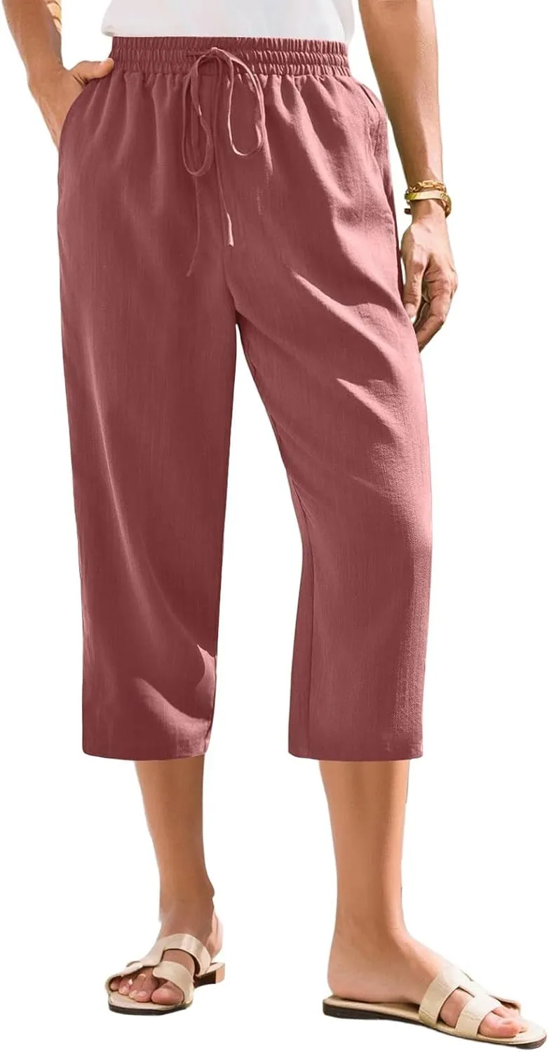 Linen Capri Pants for Women Casual Summer Elastic Waist Wide Leg Cropped Pants Comfy Cotton Linen Capris with Pockets