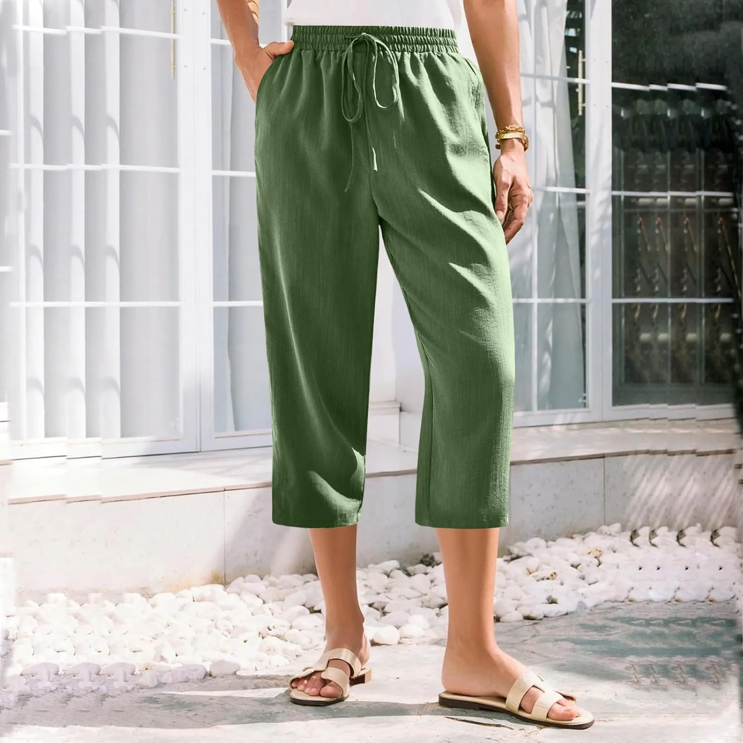 Linen Capri Pants for Women Casual Summer Elastic Waist Wide Leg Cropped Pants Comfy Cotton Linen Capris with Pockets