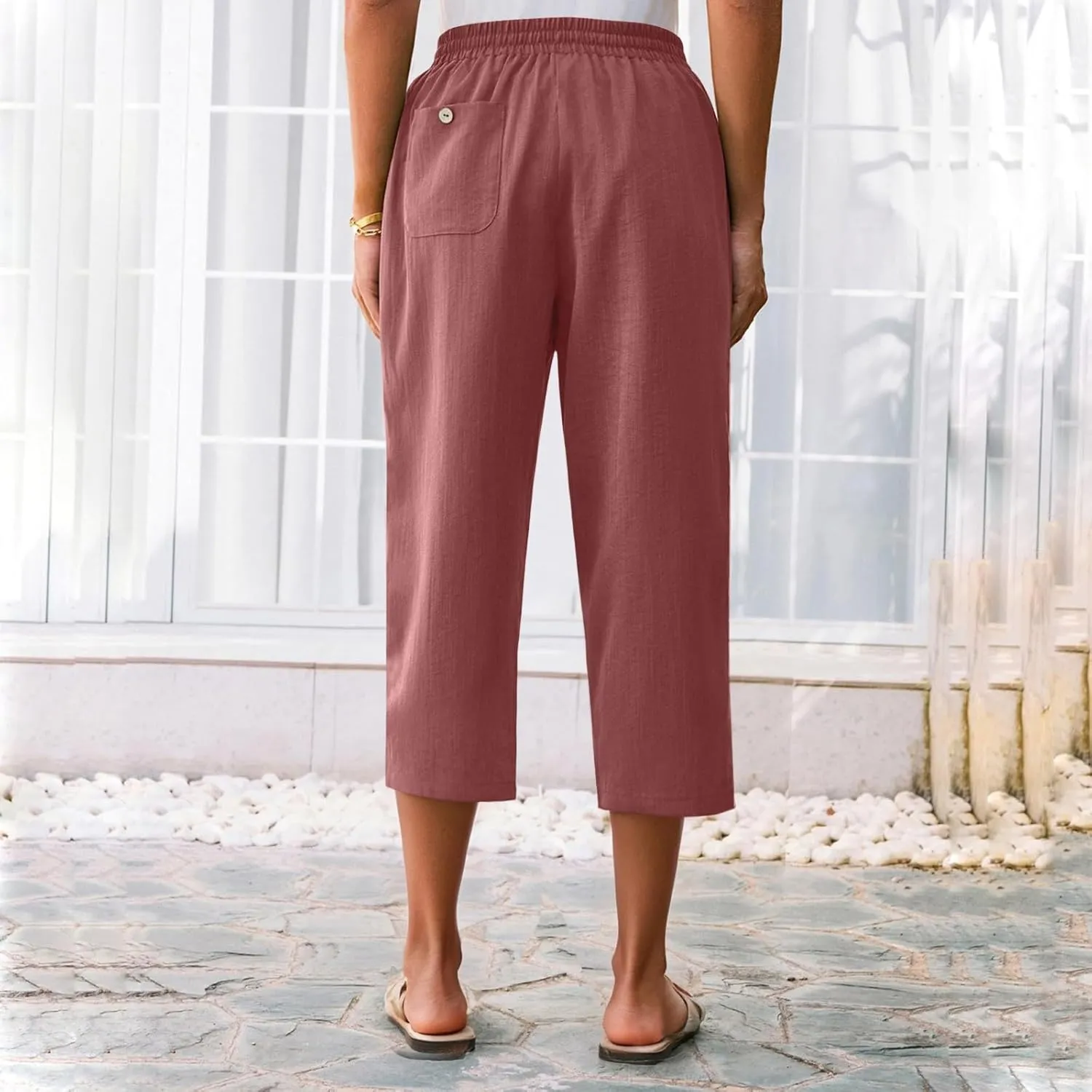 Linen Capri Pants for Women Casual Summer Elastic Waist Wide Leg Cropped Pants Comfy Cotton Linen Capris with Pockets