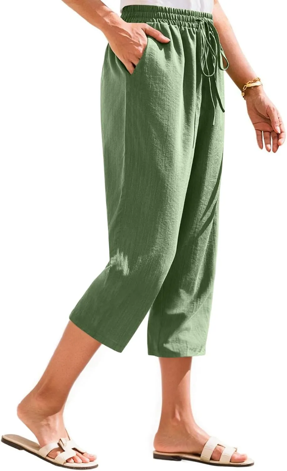 Linen Capri Pants for Women Casual Summer Elastic Waist Wide Leg Cropped Pants Comfy Cotton Linen Capris with Pockets