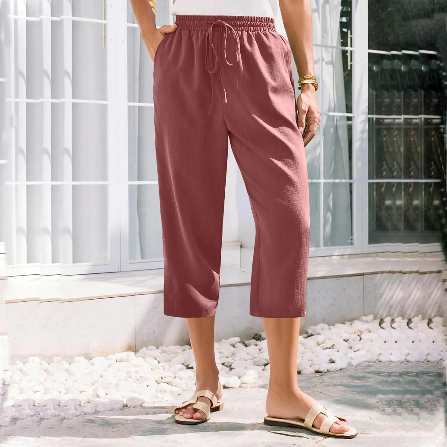 Linen Capri Pants for Women Casual Summer Elastic Waist Wide Leg Cropped Pants Comfy Cotton Linen Capris with Pockets