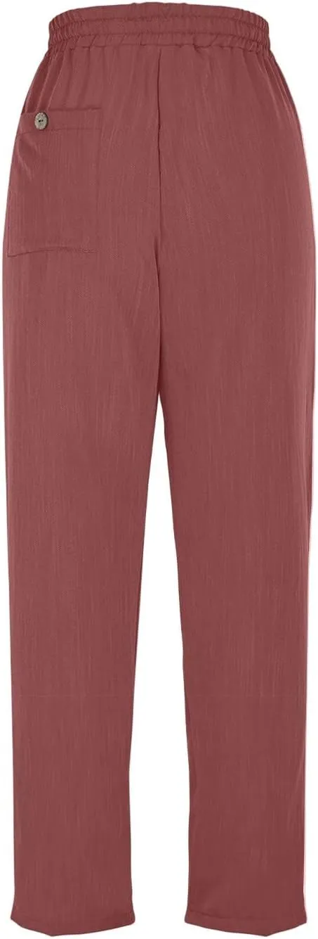 Linen Capri Pants for Women Casual Summer Elastic Waist Wide Leg Cropped Pants Comfy Cotton Linen Capris with Pockets