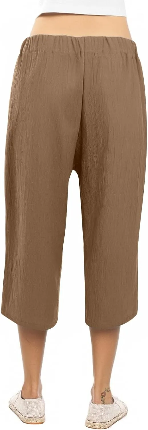 Linen Capri Pants for Women Casual Summer Loose Fit Wide Leg Pants Tie Belt Elastic Waist Cropped Trouser with Pockets