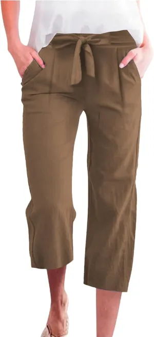 Linen Capri Pants for Women Casual Summer Loose Fit Wide Leg Pants Tie Belt Elastic Waist Cropped Trouser with Pockets