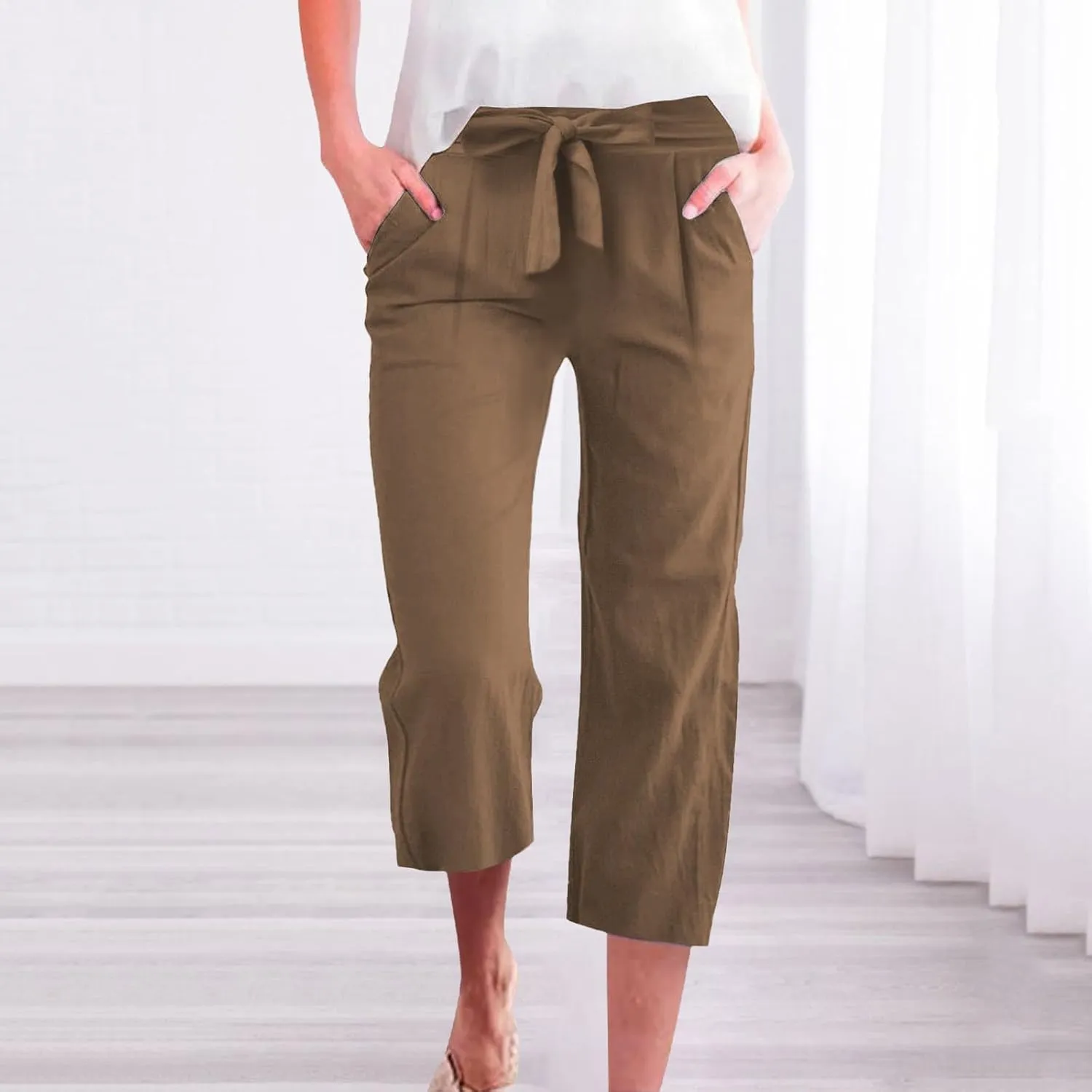 Linen Capri Pants for Women Casual Summer Loose Fit Wide Leg Pants Tie Belt Elastic Waist Cropped Trouser with Pockets